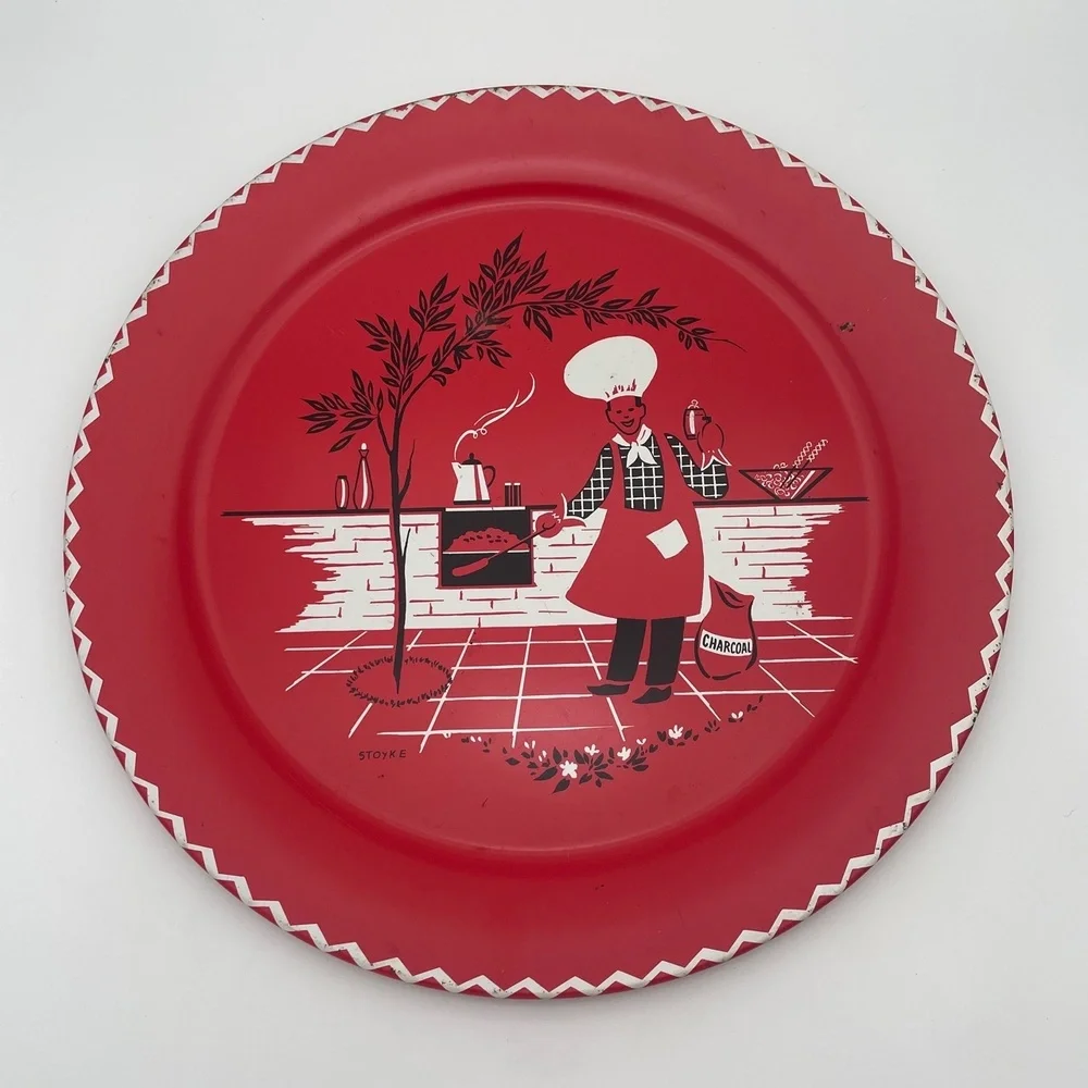 Stoyke BBQ Chef Red Round Metal Chef Pizza Pan Grill Vintage MCM‎ 1950s Tray